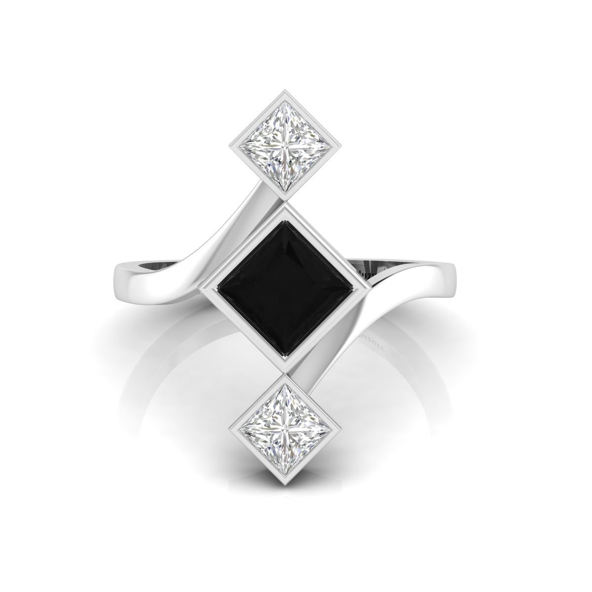Princess-Cut Black & White Diamond 925 Silver Three Stone  Ring