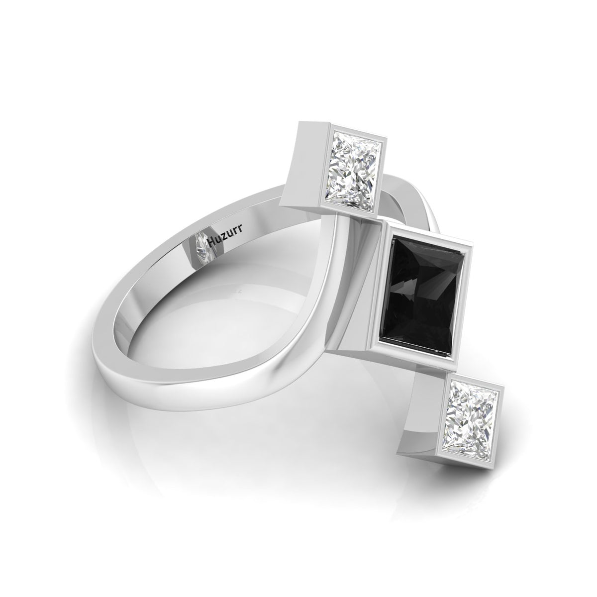 Princess-Cut Black & White Diamond 925 Silver Three Stone  Ring
