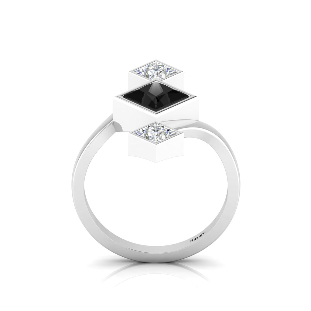 Princess-Cut Black & White Diamond 925 Silver Three Stone  Ring