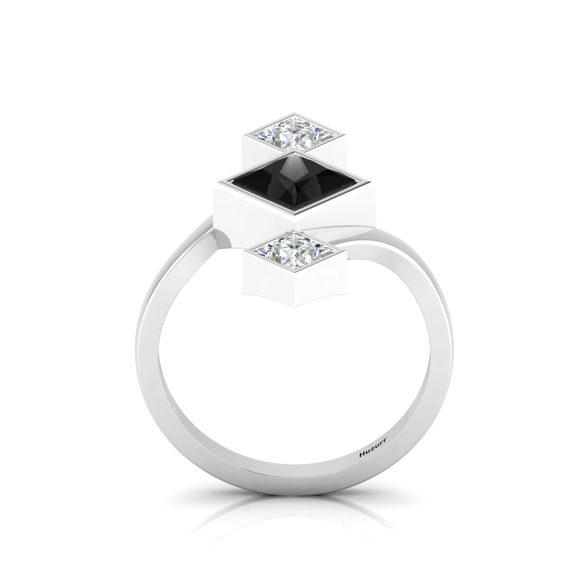 Princess-Cut Black & White Diamond 925 Silver Three Stone  Ring