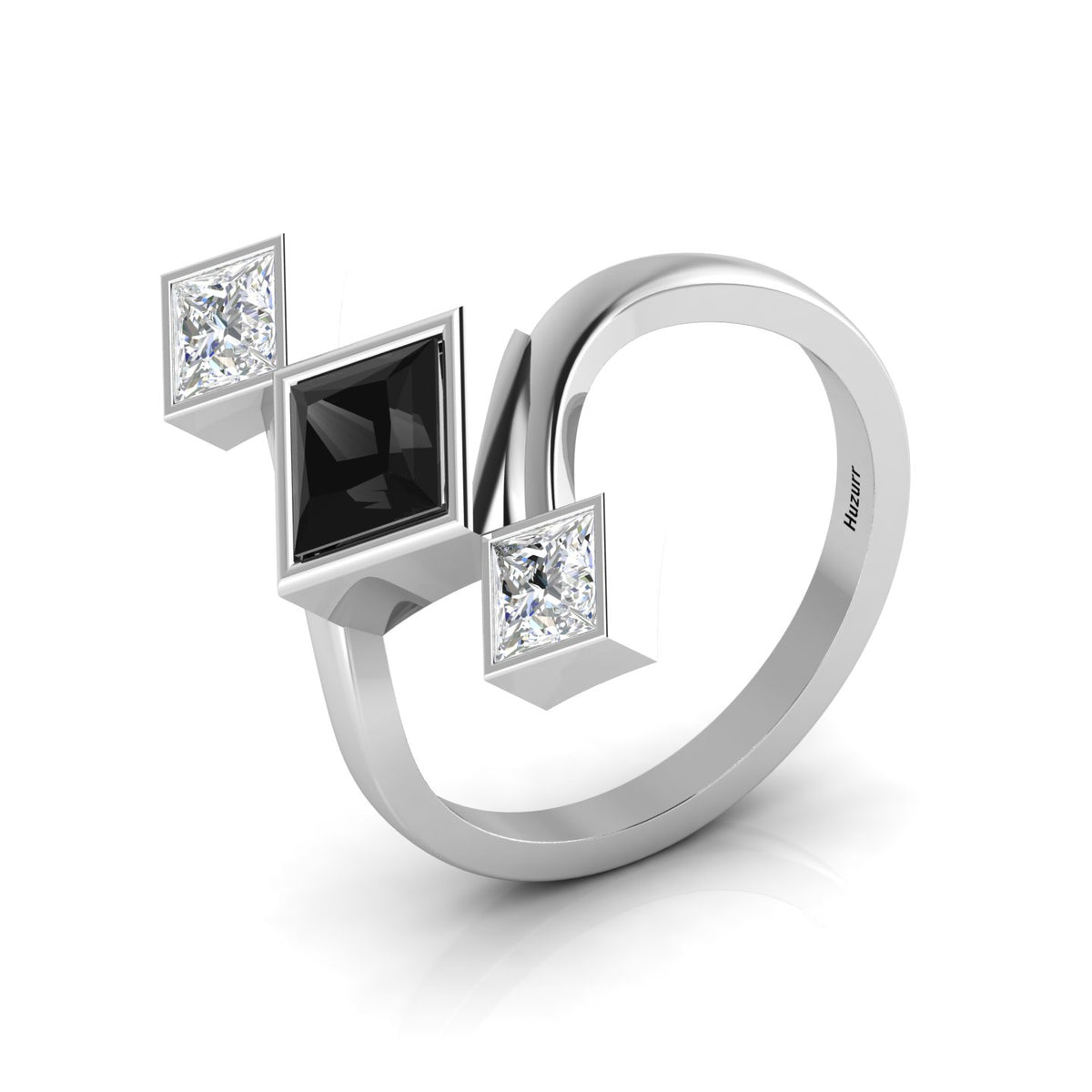 Princess-Cut Black & White Diamond 925 Silver Three Stone  Ring
