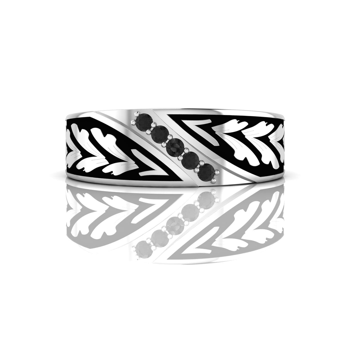 Black Diamond Black Enamel 5 Stone Band Silver Ring