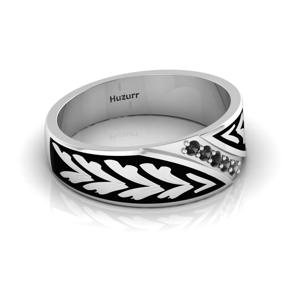 Black Diamond Black Enamel 5 Stone Band Silver Ring