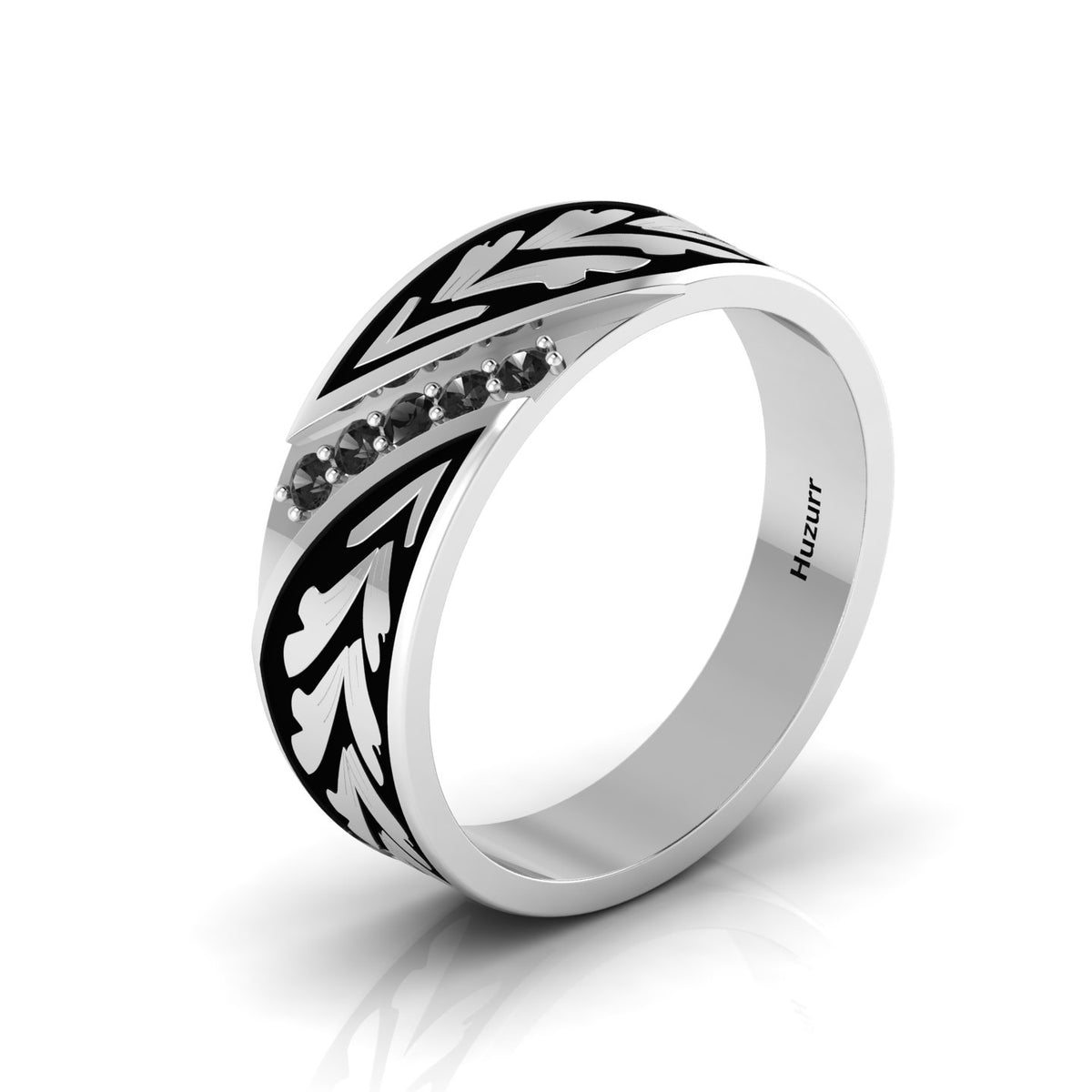 Black Diamond Black Enamel 5 Stone Band Silver Ring