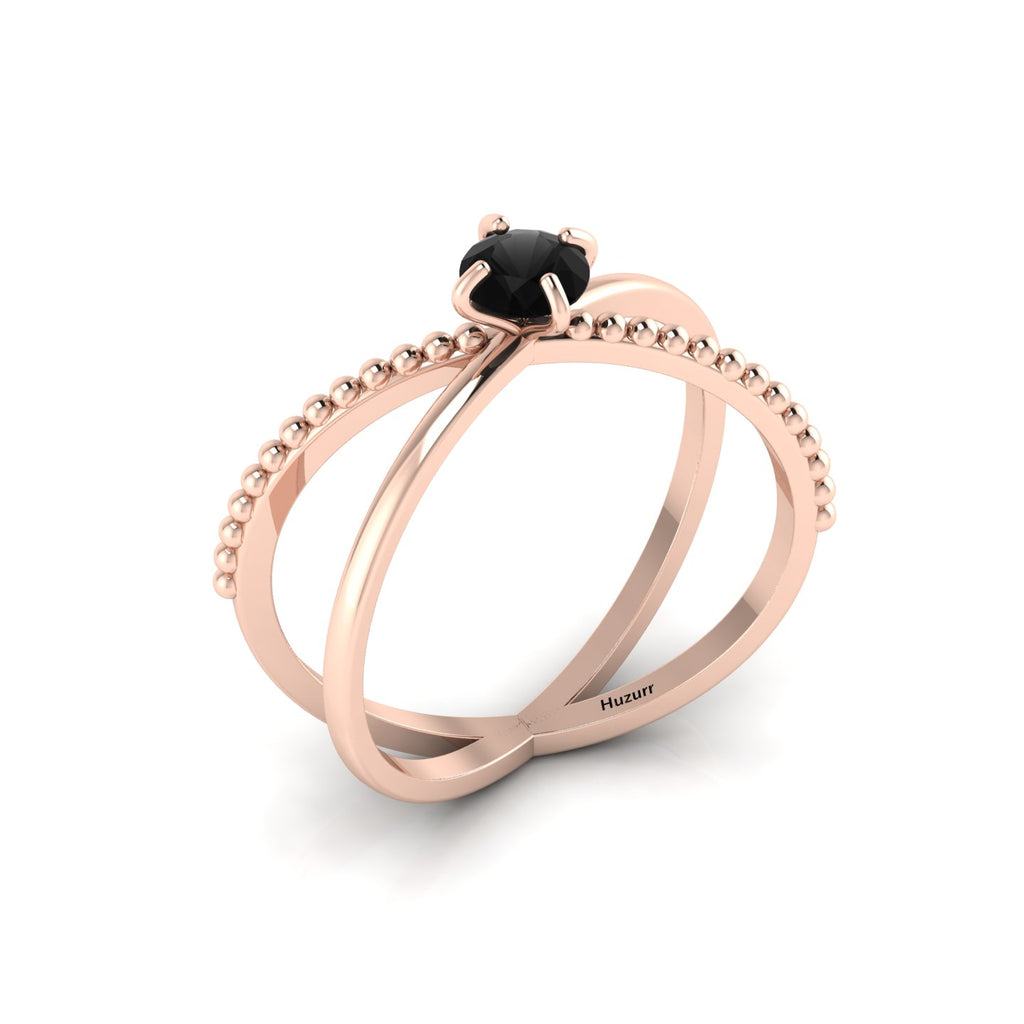 Criss Cross Round Black Diamond Stackable Rose Gold Plated Ring