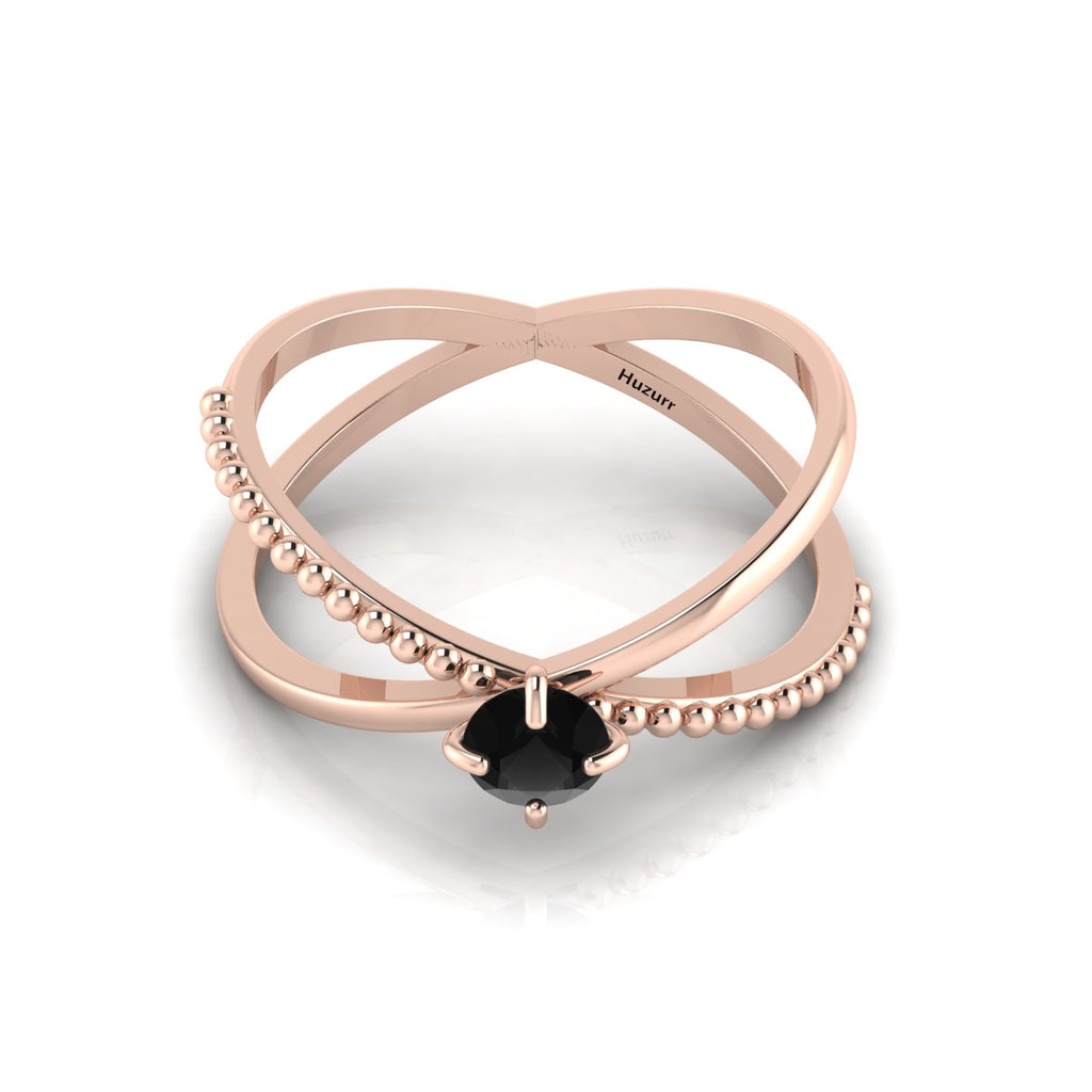 Criss Cross Round Black Diamond Stackable Rose Gold Plated Ring