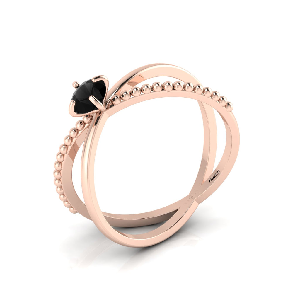 Criss Cross Round Black Diamond Stackable Rose Gold Plated Ring