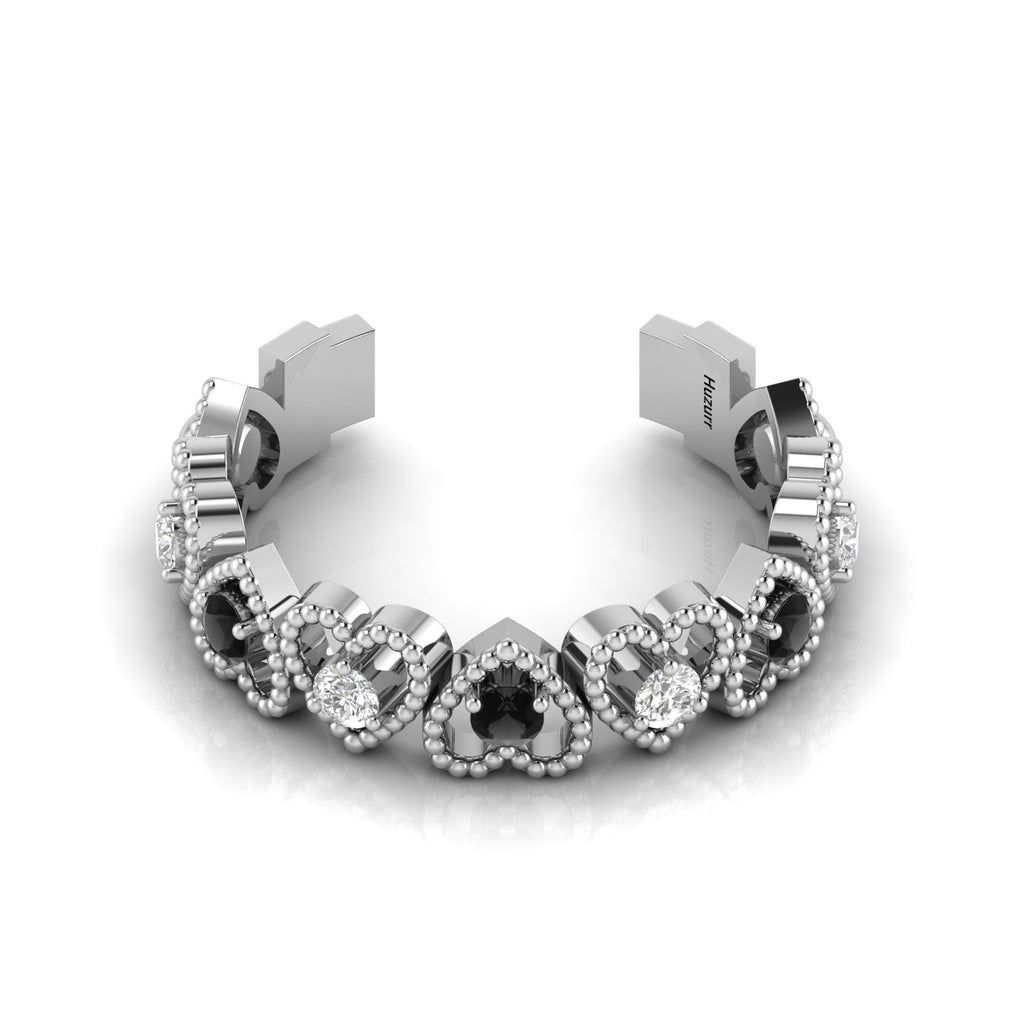 Heart-Style Round Black & White Diamond Silver Adjustable Ring