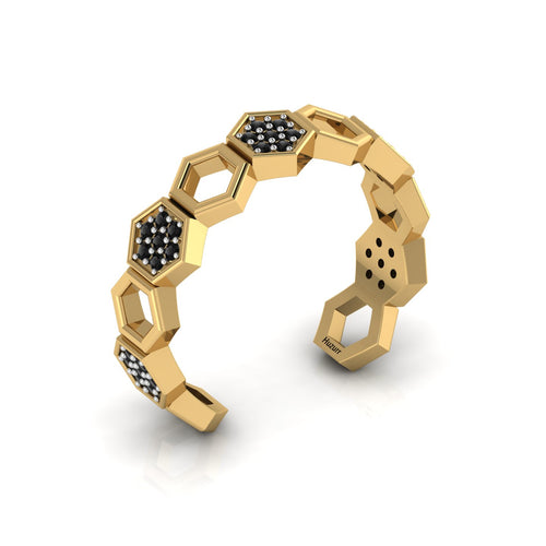 Black Diamond Gold Plated Two Tone Adjustable Band Honeycomb Ring
