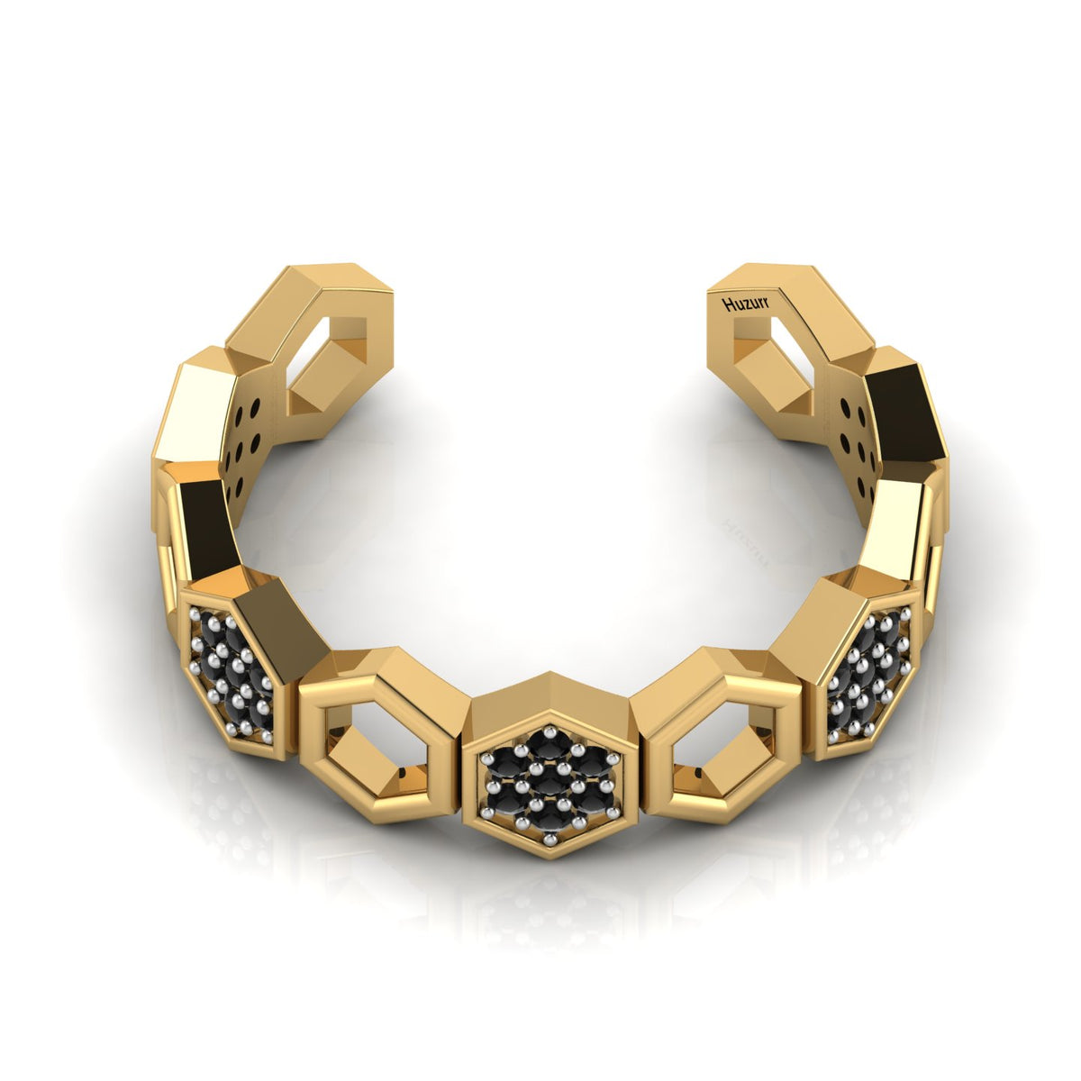 Black Diamond Gold Plated Two Tone Adjustable Band Honeycomb Ring