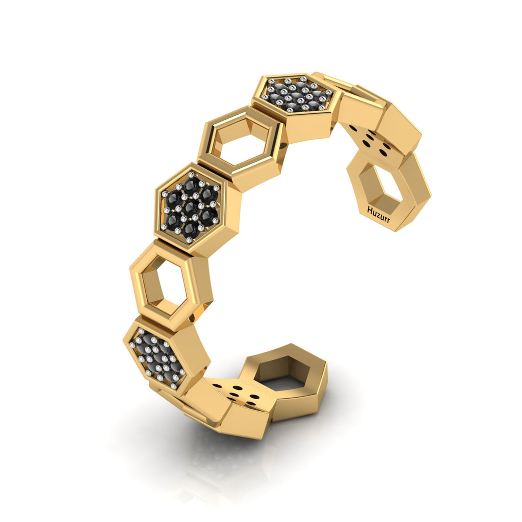 Black Diamond Gold Plated Two Tone Adjustable Band Honeycomb Ring