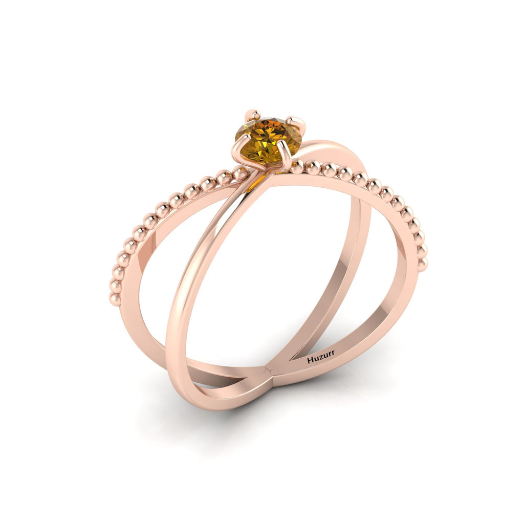 Rose Gold Plated Criss Cross Round Coffee Diamond Stackable Ring