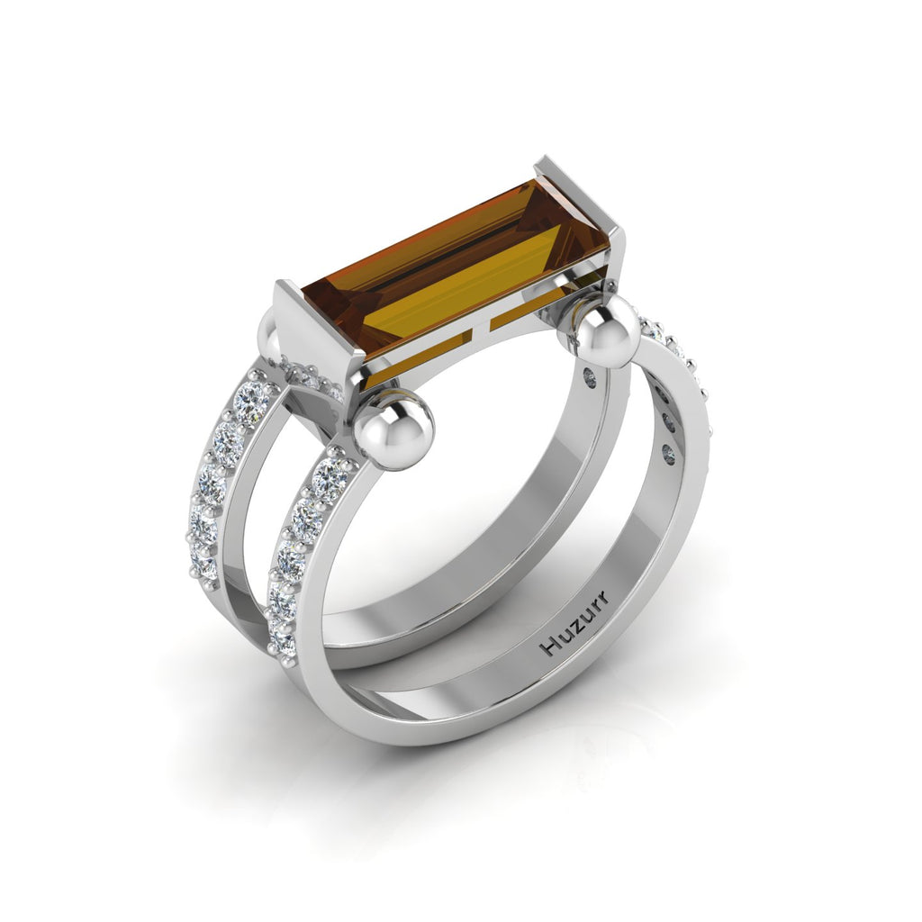 Baguette-Cut Silver Parallel Split Coffee Diamond Solitaire Ring