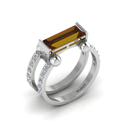 Baguette-Cut Silver Parallel Split Coffee Diamond Solitaire Ring