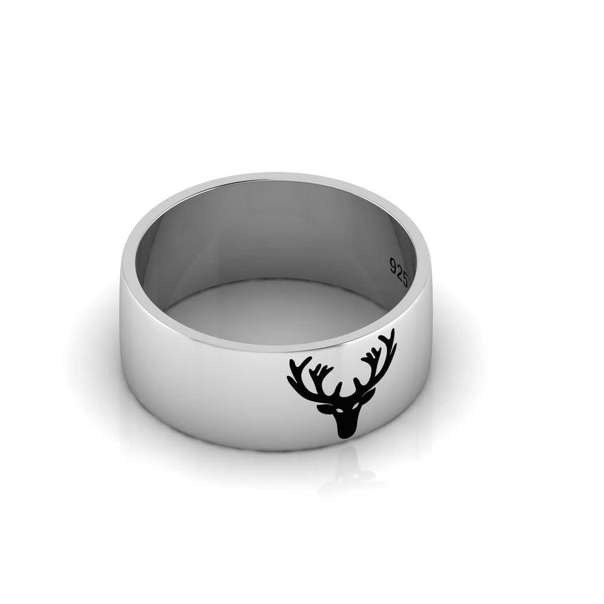 925 Silver Black Enamel Deer Engraved Band Ring
