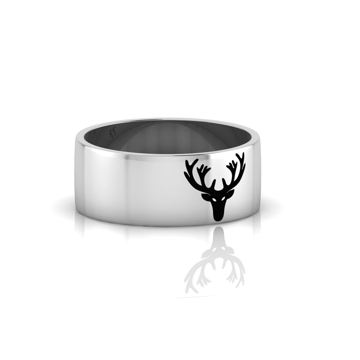 925 Silver Black Enamel Deer Engraved Band Ring
