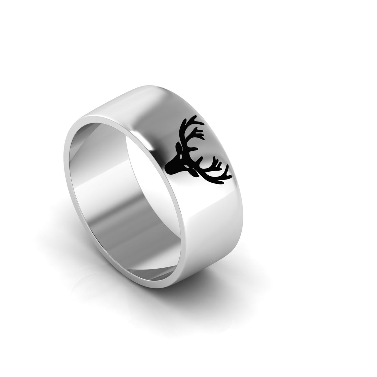 925 Silver Black Enamel Deer Engraved Band Ring