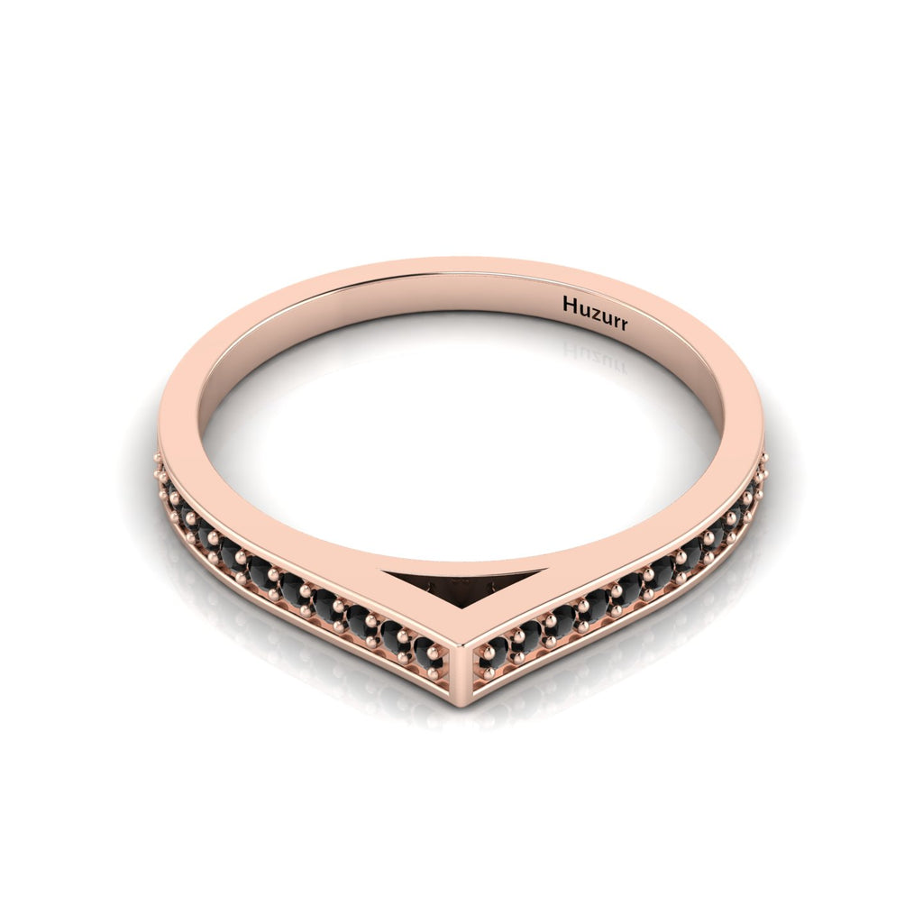 Rose Gold Plated Round Black Diamond Stackable Solitaire V-Shaped Ring