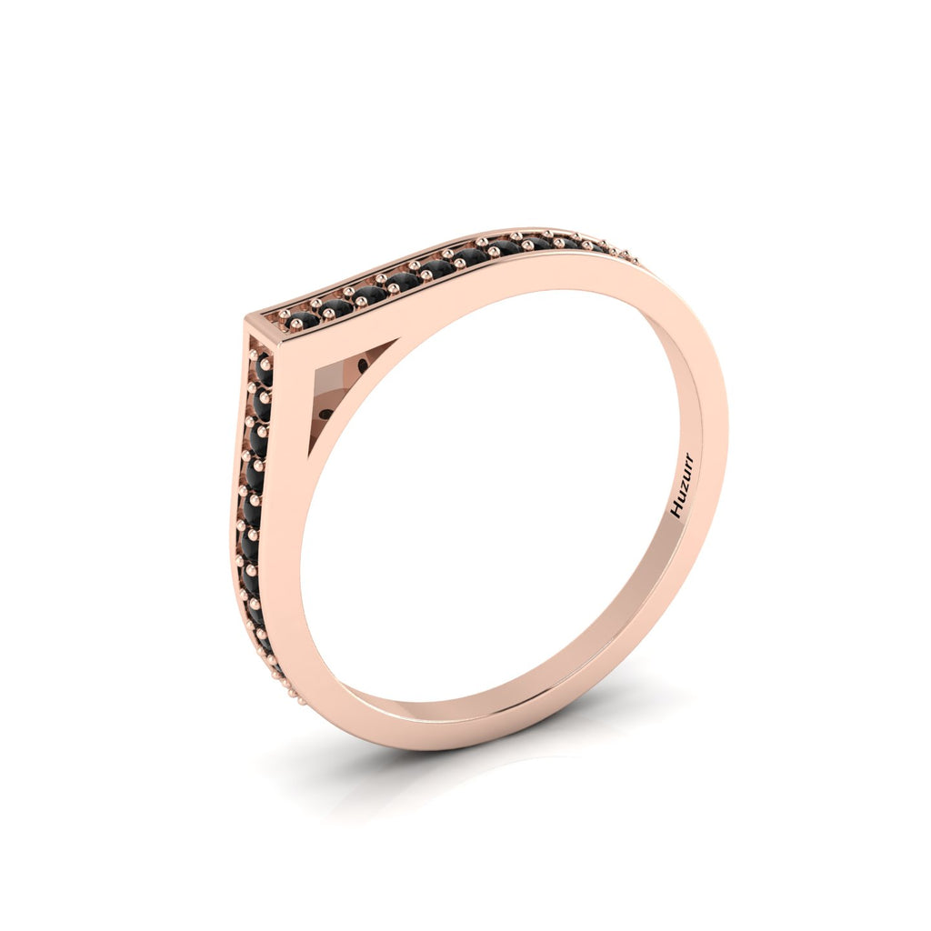 Rose Gold Plated Round Black Diamond Stackable Solitaire V-Shaped Ring