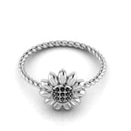 Black Diamond Sun Flower Silver Twist Band Ring