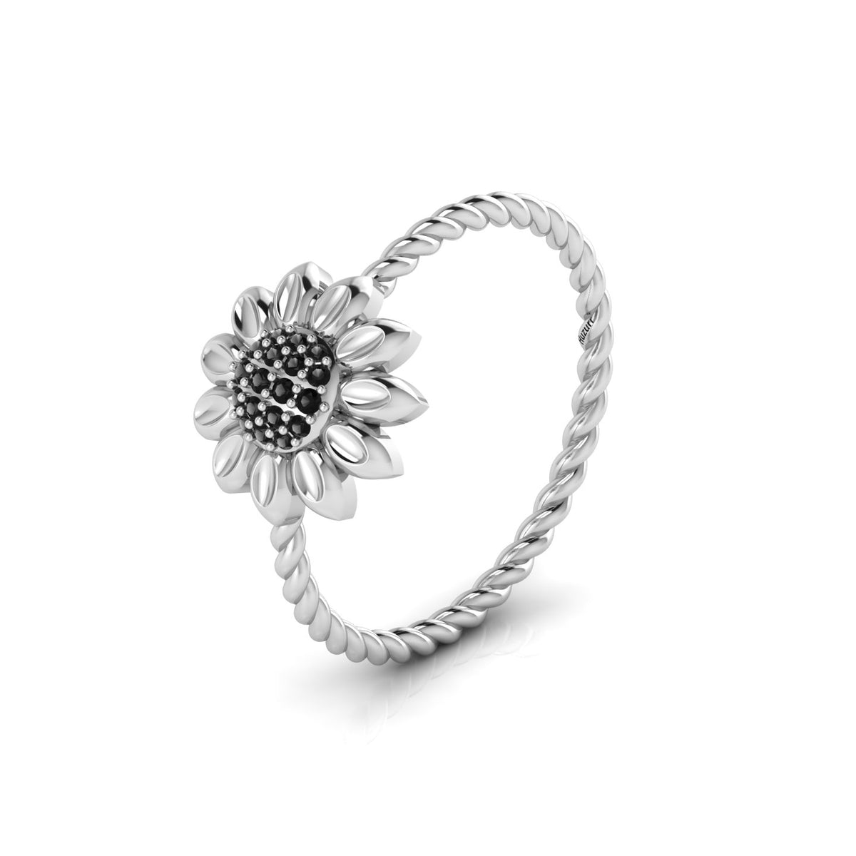 Black Diamond Sun Flower Silver Twist Band Ring
