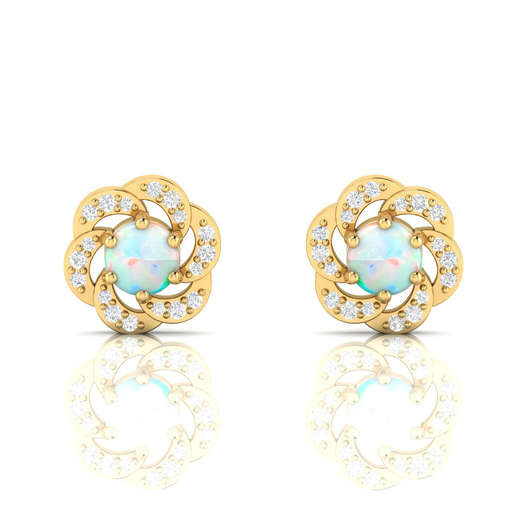Round Opal & Diamond Gold Plated Studs Floral Earrings