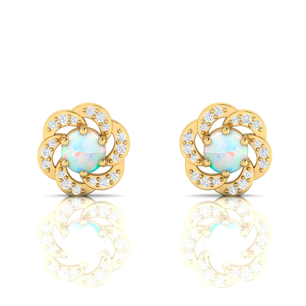 Round Opal & Diamond Gold Plated Studs Floral Earrings