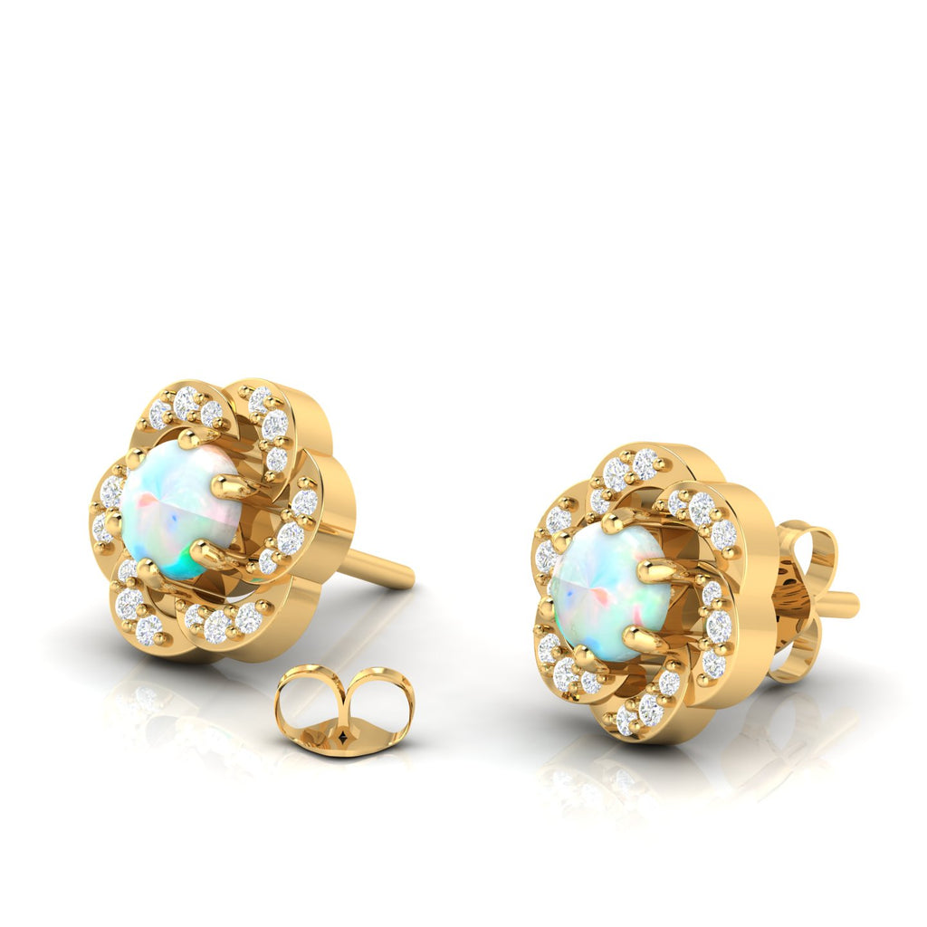 Round Opal & Diamond Gold Plated Studs Floral Earrings