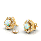 Round Opal & Diamond Gold Plated Studs Floral Earrings