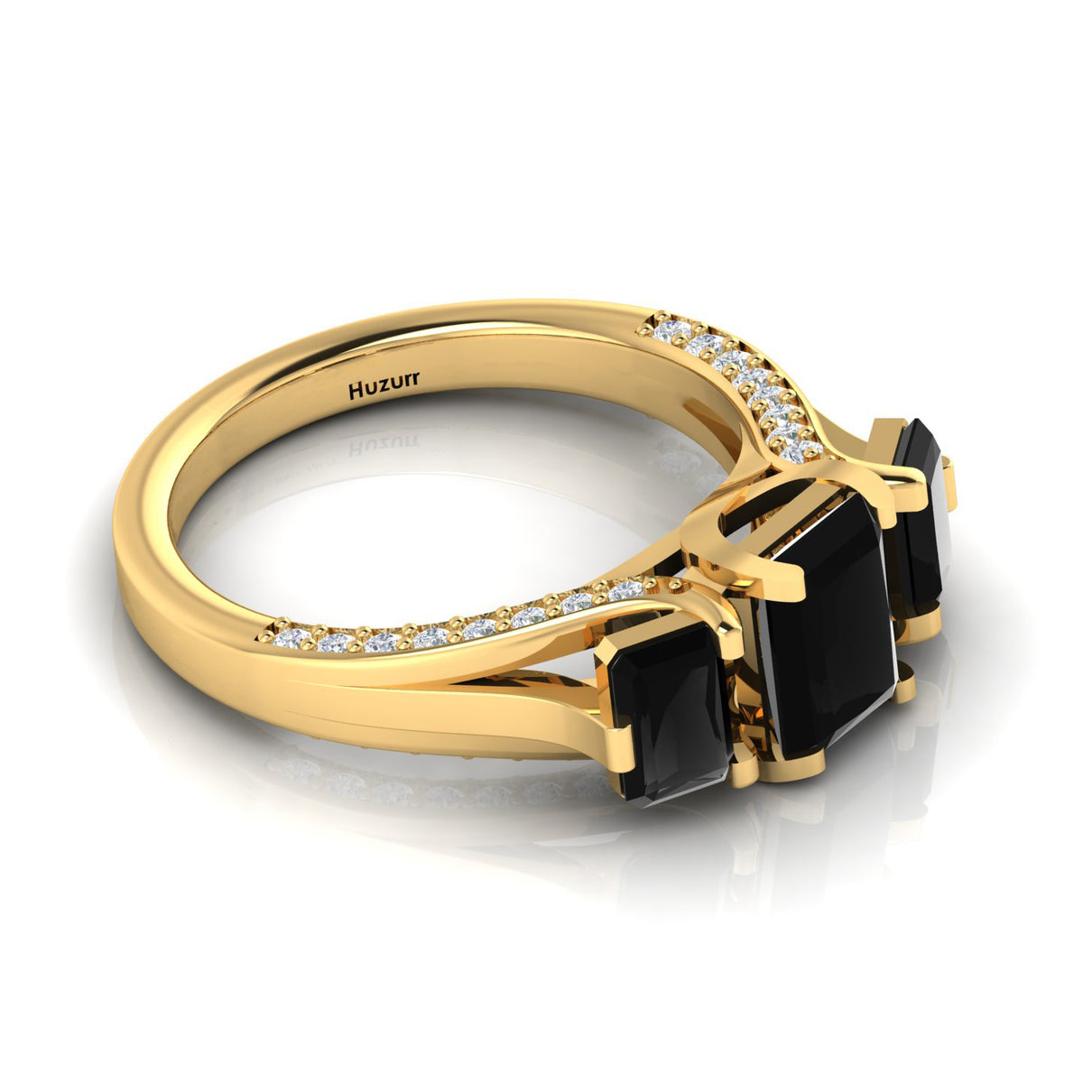 Radiant-Cut Black Diamond Gold Plated Three Stone Ring