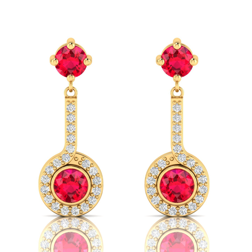 Gold Plated Halo Dangle & Drop Round Ruby Earrings
