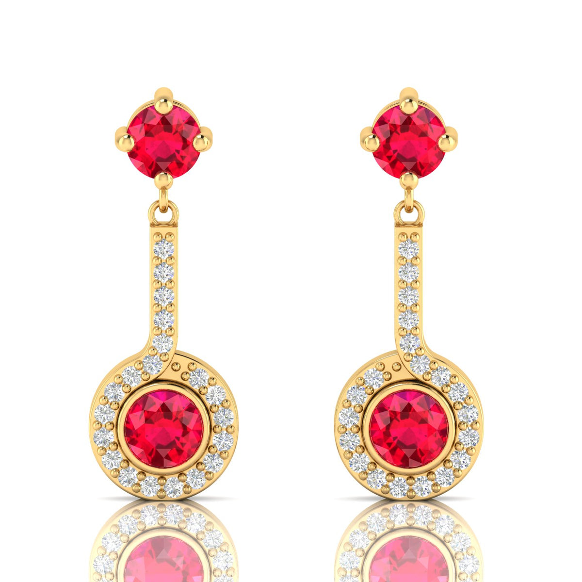 Gold Plated Halo Dangle & Drop Round Ruby Earrings