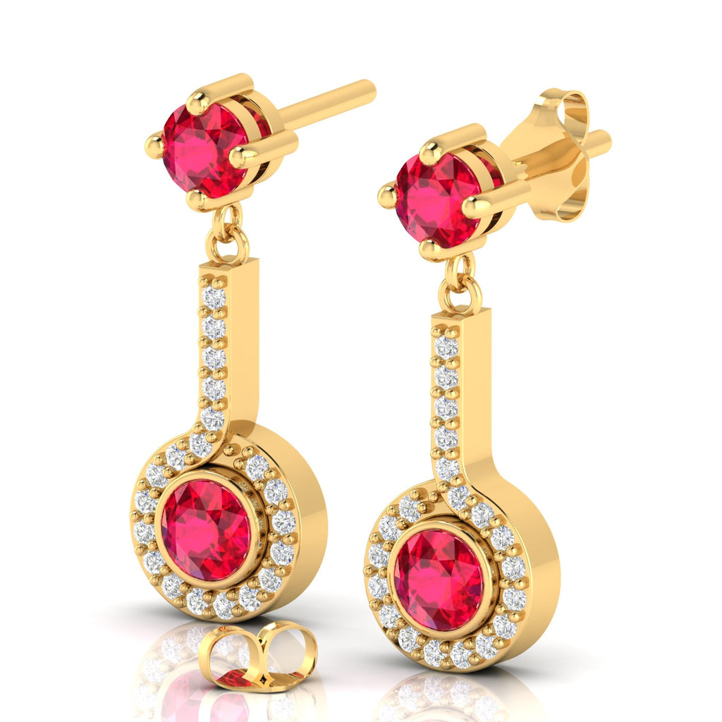 Gold Plated Halo Dangle & Drop Round Ruby Earrings