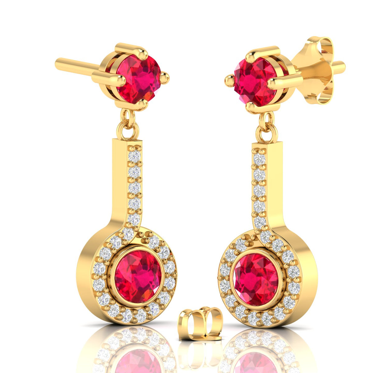 Gold Plated Halo Dangle & Drop Round Ruby Earrings