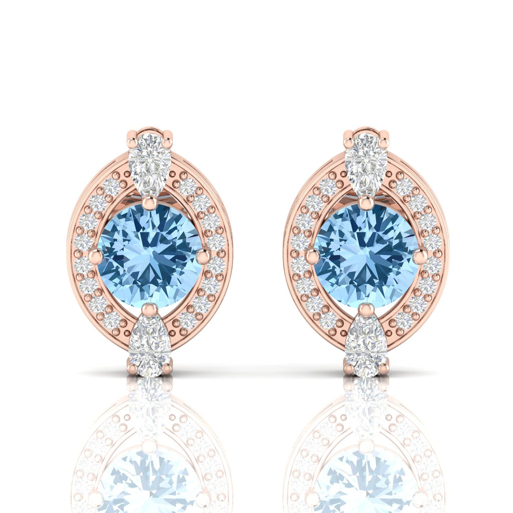 Rose Gold Plated Cluster Studs Blue Sapphire & Diamond Earrings