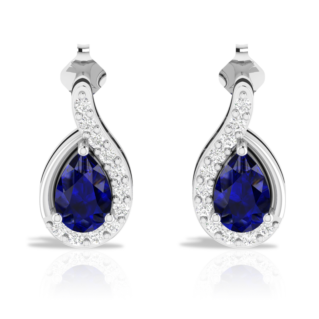 925 Silver Pear Blue Sapphire Diamond Swirl Frame Earrings