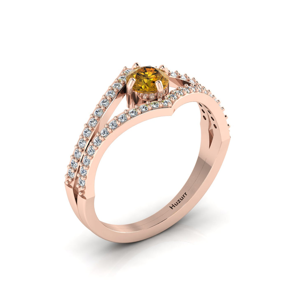 Rose Gold Plated Wishbone Round Coffee & White Diamond Solitaire Ring