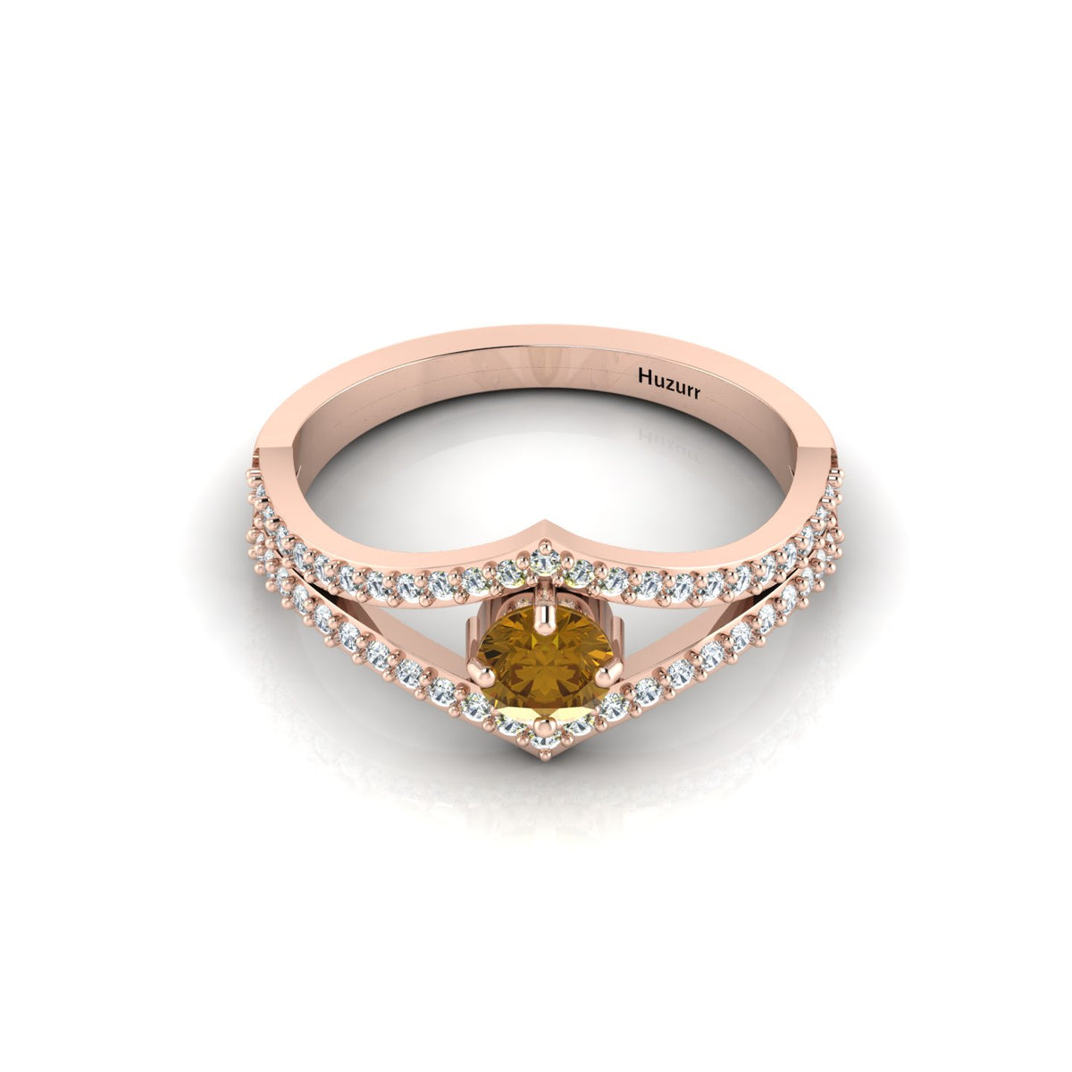 Rose Gold Plated Wishbone Round Coffee & White Diamond Solitaire Ring