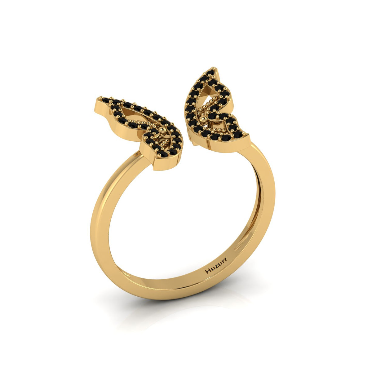 Gold Plated Round Black Diamond Open Butterfly Adjustable Ring