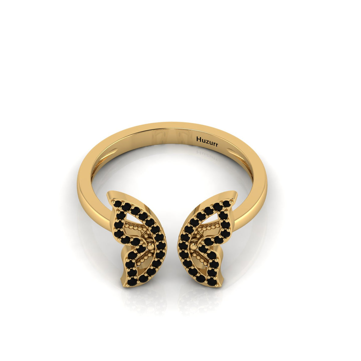 Gold Plated Round Black Diamond Open Butterfly Adjustable Ring