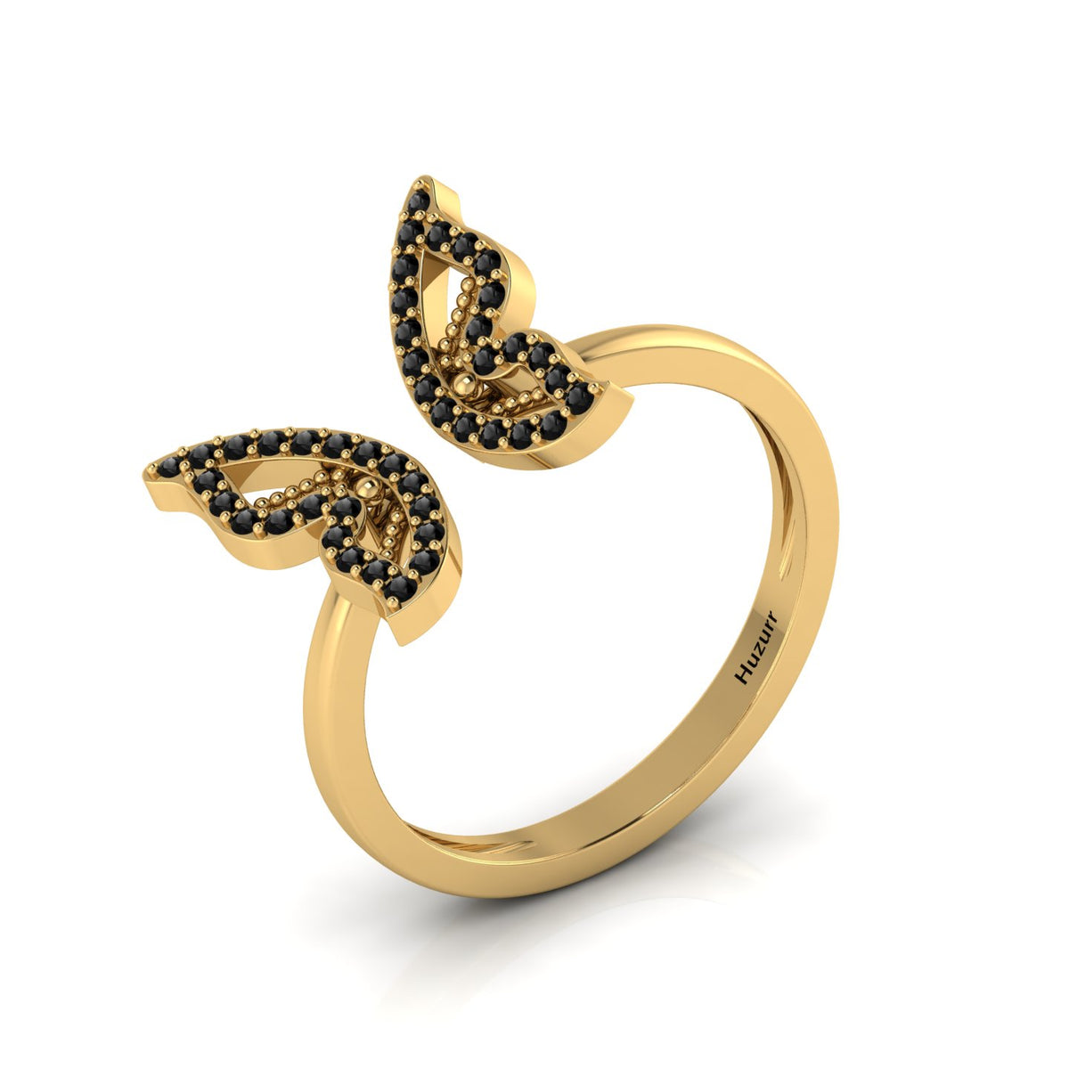 Gold Plated Round Black Diamond Open Butterfly Adjustable Ring