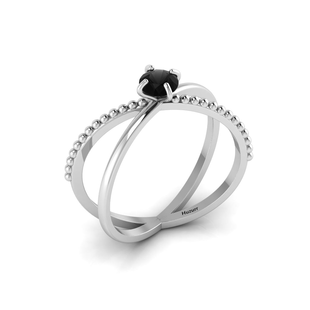 Silver Criss Cross Round Black Diamond Stackable Ring