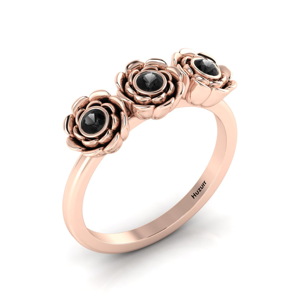 Black Diamond Rose Flower Rose Gold Plated Ring