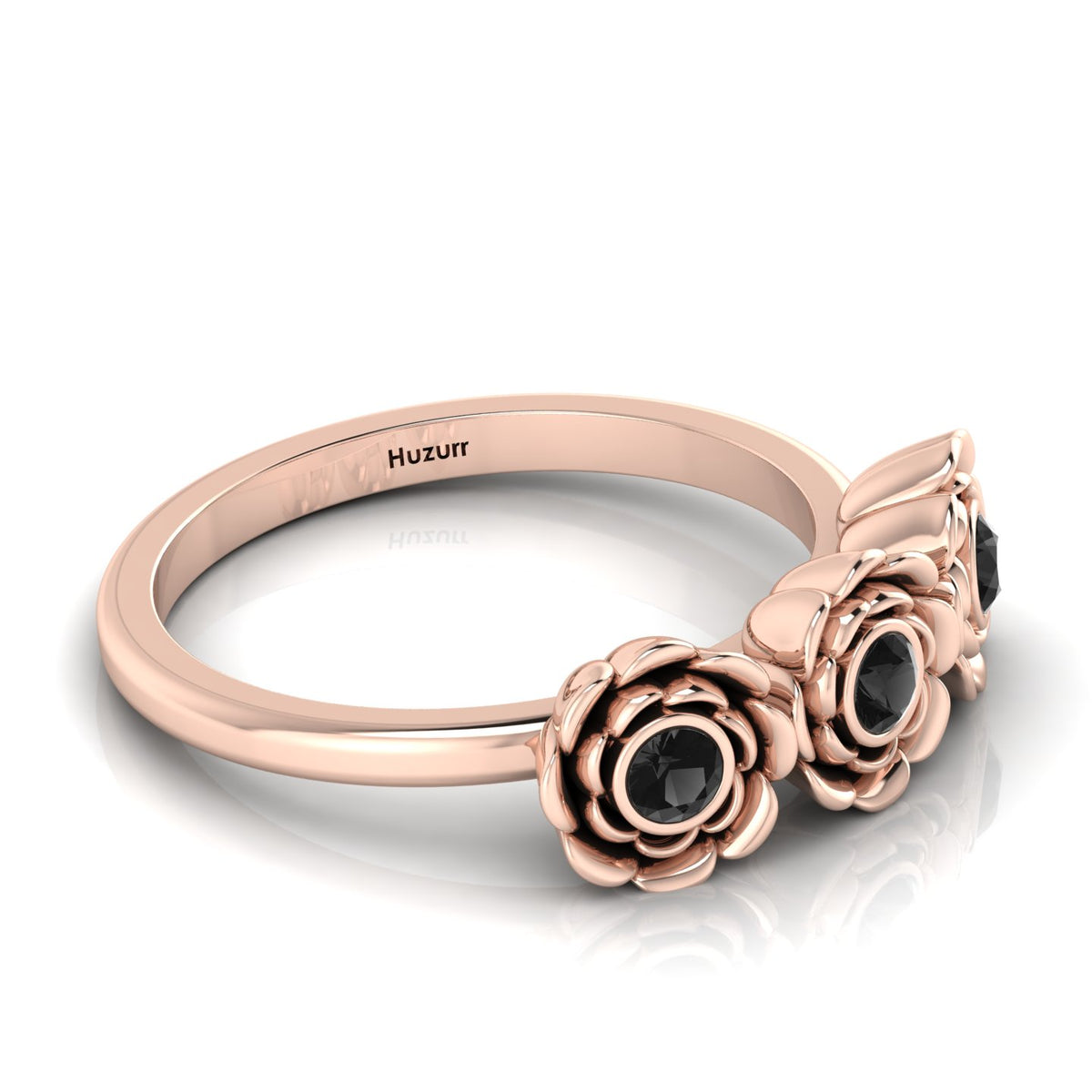 Black Diamond Rose Flower Rose Gold Plated Ring