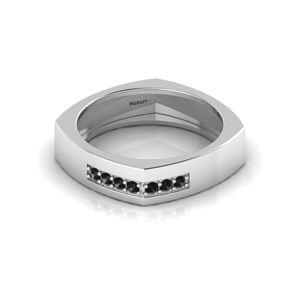 Round Black Diamond Square Band Silver Ring