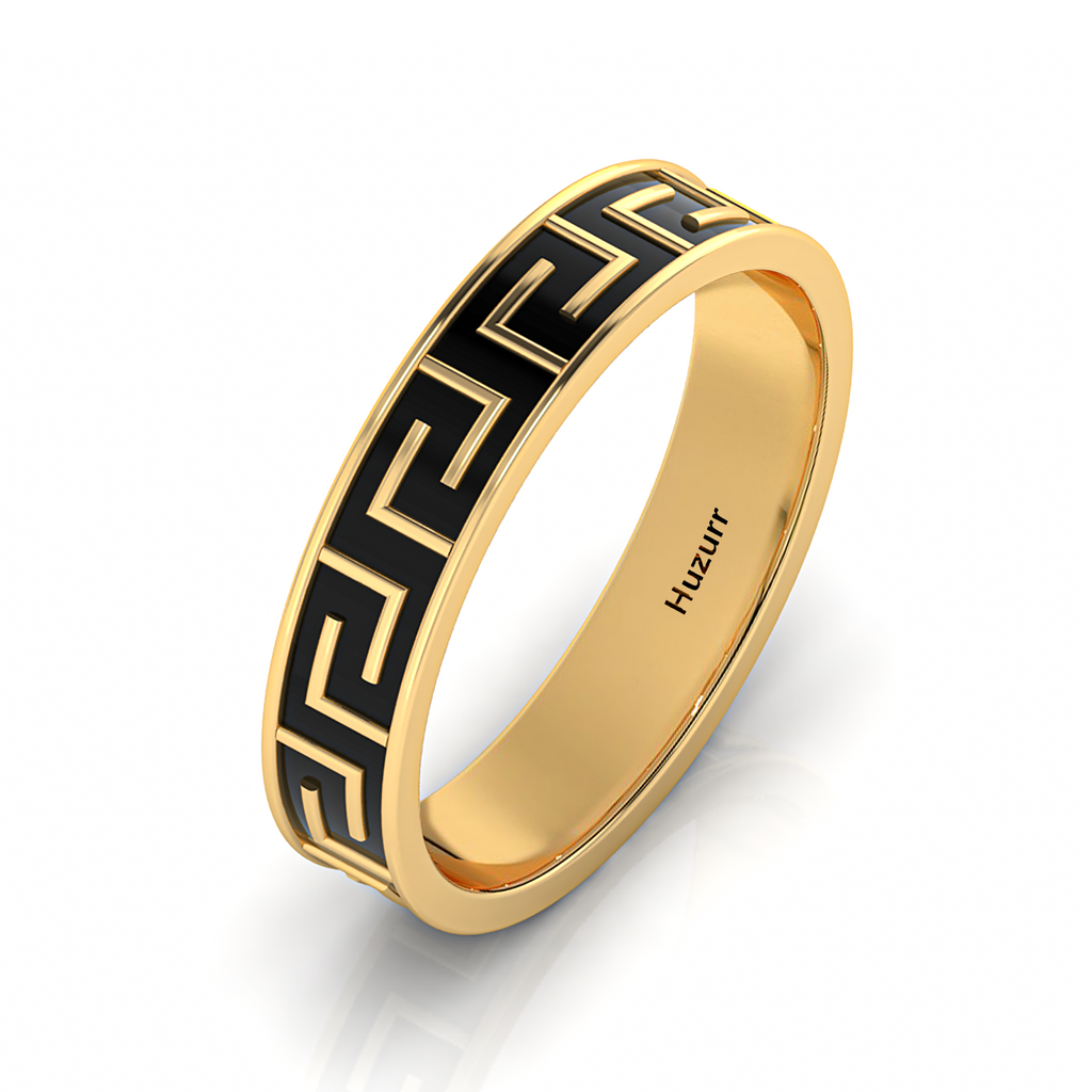Gold Plated Black Enamel Maze-Design Band Ring