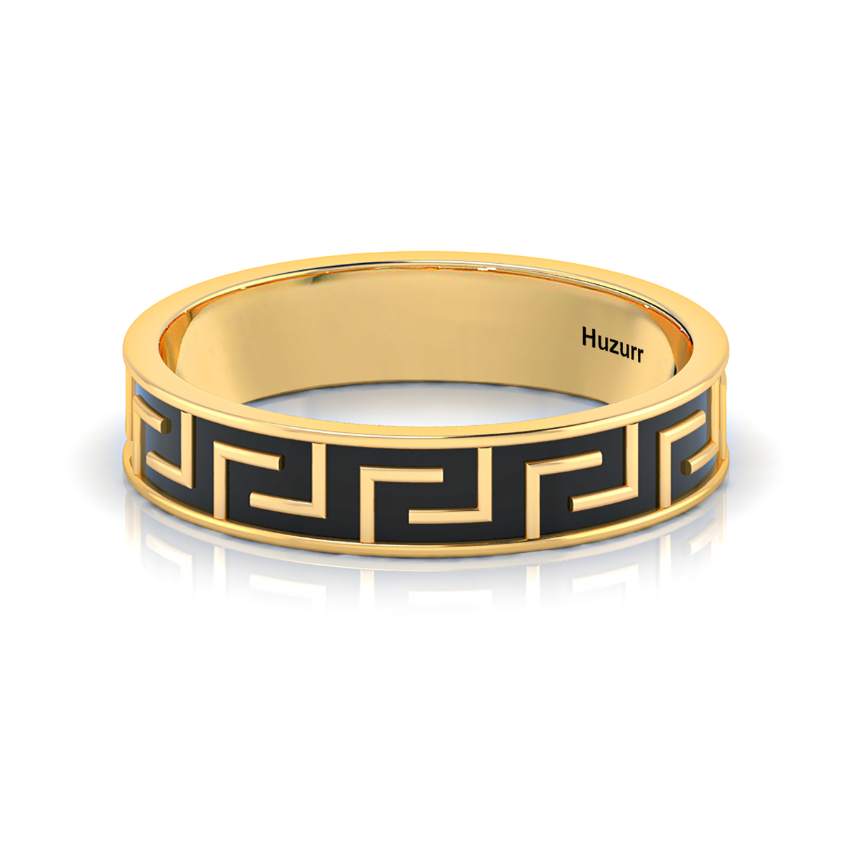 Gold Plated Black Enamel Maze-Design Band Ring