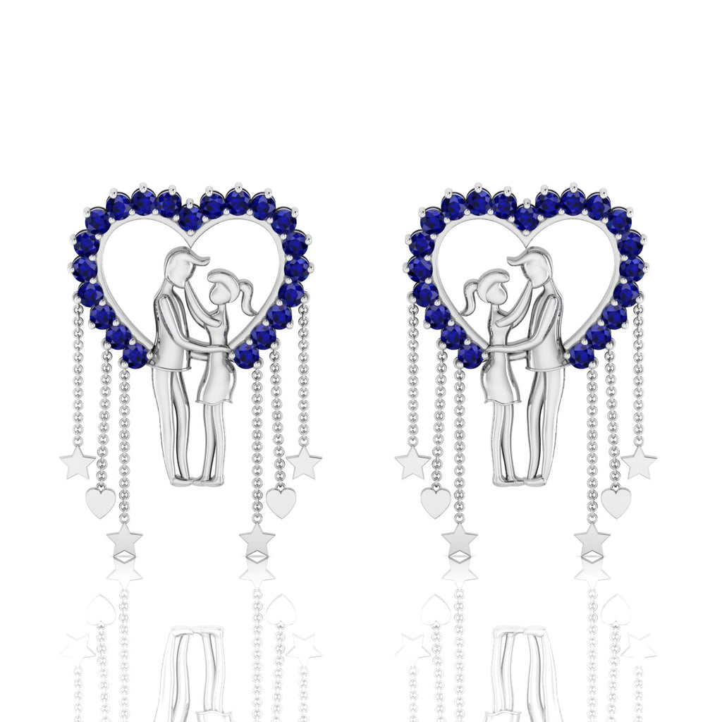 Couple Heart Blue Sapphire Hanging Sterling Silver Earrings