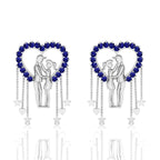 Couple Heart Blue Sapphire Hanging Sterling Silver Earrings
