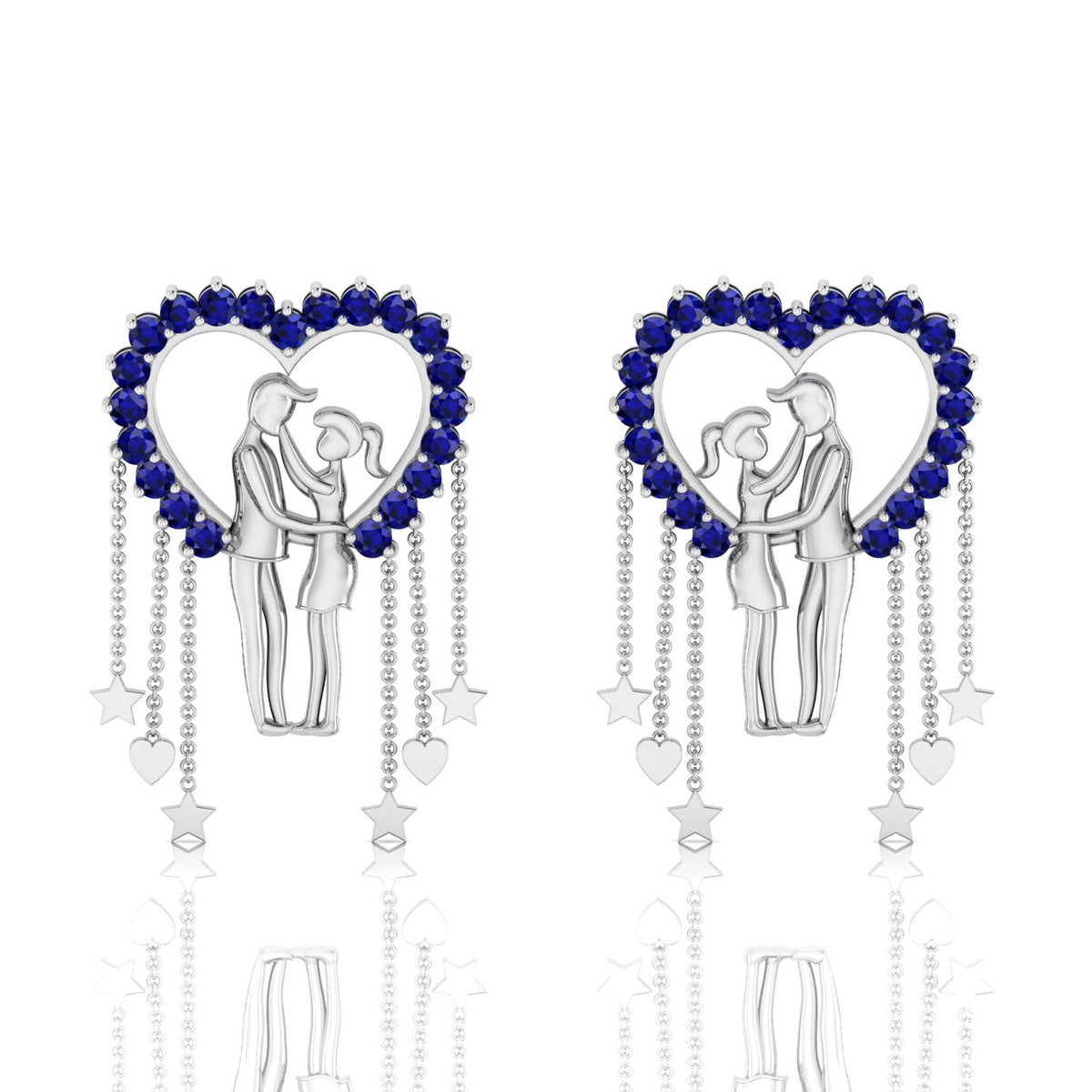 Couple Heart Blue Sapphire Hanging Sterling Silver Earrings